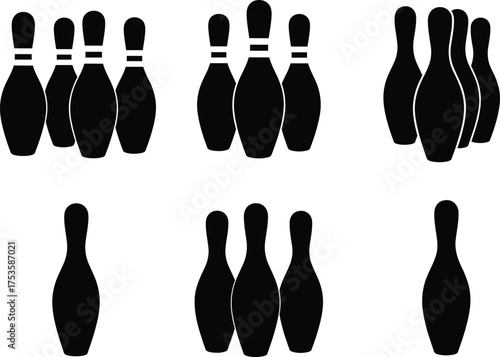 Bowling pin silhouettes, sport icons, strike formation, leisure game, black and white design, recreation activity, vector illustration, bowling graphic, competition emblem, bowling alley