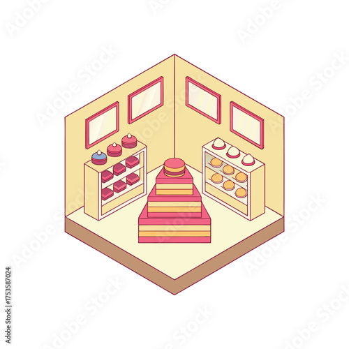 Isometric view of a bakery shop with cake display and shelves