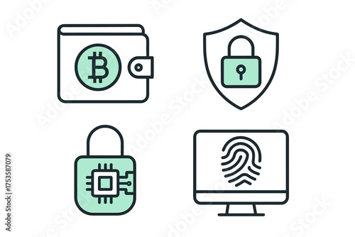Cryptocurrency and digital security icons: wallet, padlock, fingerprint, and chip designs
