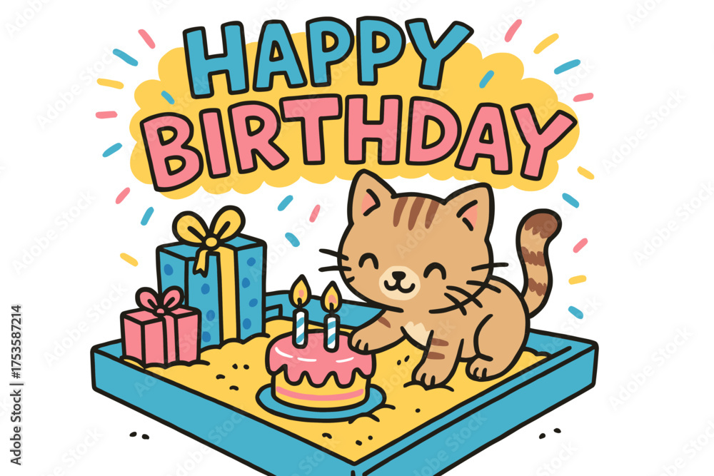 Fototapeta premium Cute birthday cat with cake and gifts in playful doodle style