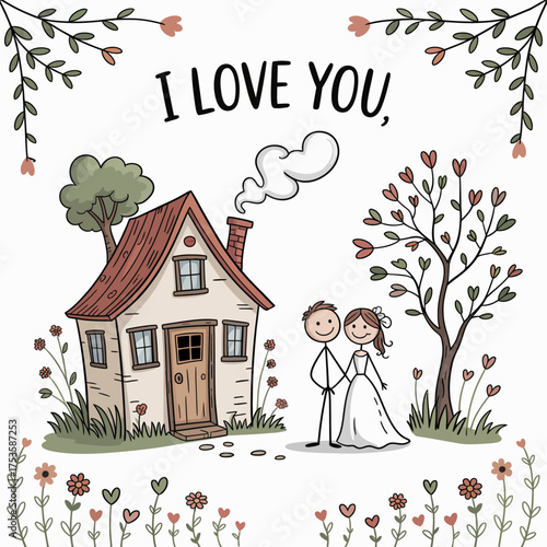 Love's Forever Home: An endearing illustration depicts a couple, hand-in-hand, standing before a cozy home, encircled by a charming garden, with the words I Love You gently inscribed.