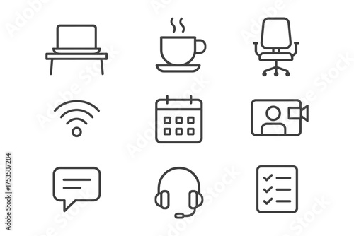 Essential office icons: laptop, coffee, chair, wifi, calendar, video call