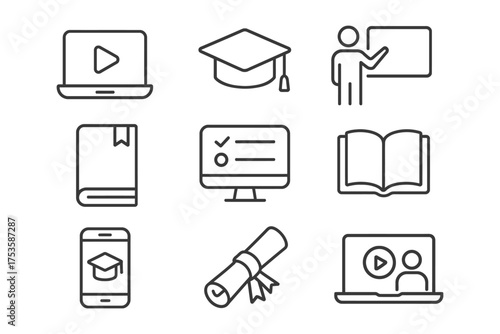 Education icon set: digital learning and academic symbols in linear style