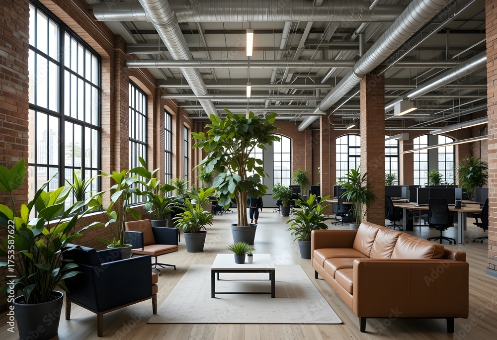 Fototapeta premium modern lounge area in spacious loft style office with brick walls and large windows