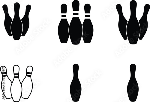 Bowling pin silhouettes, sport icons, strike symbol, leisure game, black and white design, recreation activity, vector illustration, bowling graphic, competition emblem, bowling alley