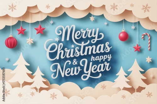 Mary Christmas and Happy New year greeting card background. Christmas banner with Christmas tree, cloud, and Christmas elements