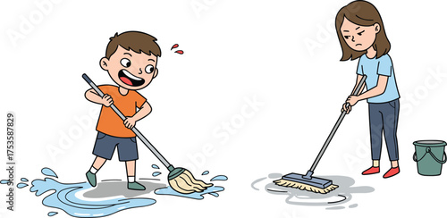 Children and adult mopping floor, cartoon cleaning scene, playful vs serious behavior, emotional contrast illustration, household chore moment, expressive activity