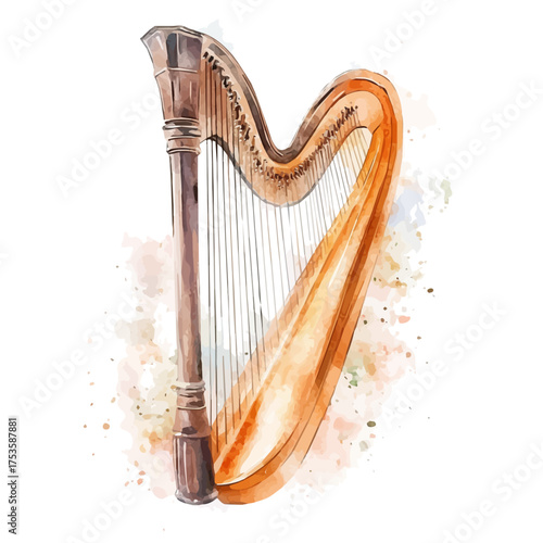 Harp, watercolor vector, isolated on a white background.