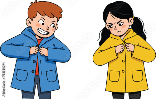 Children buttoning coats, cartoon clothing scene, emotional contrast illustration, playful winter outfit moment, rivalry expression, character behavior, fashion activity