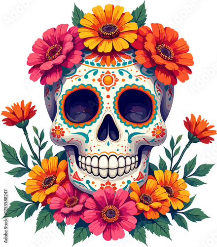 Sugar skull with orange and pink flowers in a traditional Day of the Dead illustration on a white background