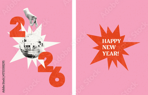 2026 New year art collage greeting cards set. Halftone hand holding disco ball and cut out crumpled paper red numbers isolated on pink grainy background. Modern retro mixed media vector illustration