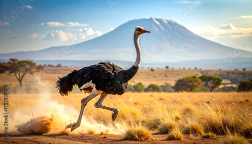 A running ostrich kicks up dust in front of a hazy mountain backdrop under a bright blue sky. The savanna is bathed in golden sunlight