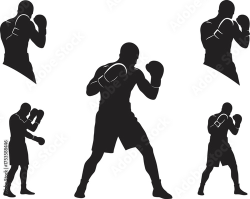 Boxing silhouettes, fighter stance, punching motion, combat sport, martial training, athlete action, gym workout, sparring pose, strength exercise, vector design