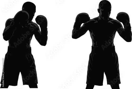 Boxing silhouettes, fighter stance, sparring pose, combat sport, athlete motion, defensive guard, martial training, gym workout, punching action, vector design