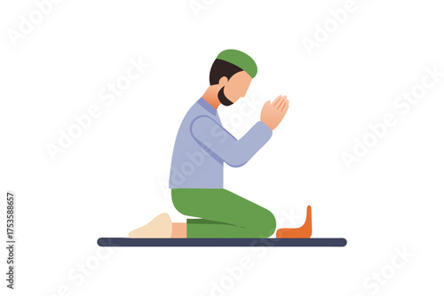 A man in traditional islamic clothing is shown praying reverently