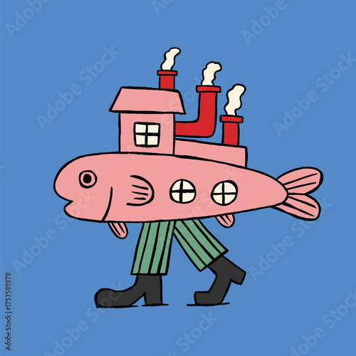 hand drawn fish character walking illustration