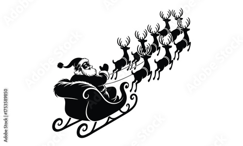 Santa flying in a sleigh with reindeer. Vector illustration Isolated Black silhouette.