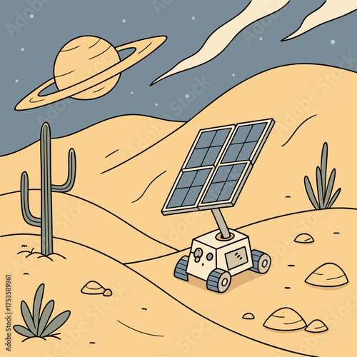 Vector art of solar panel rover on desert
