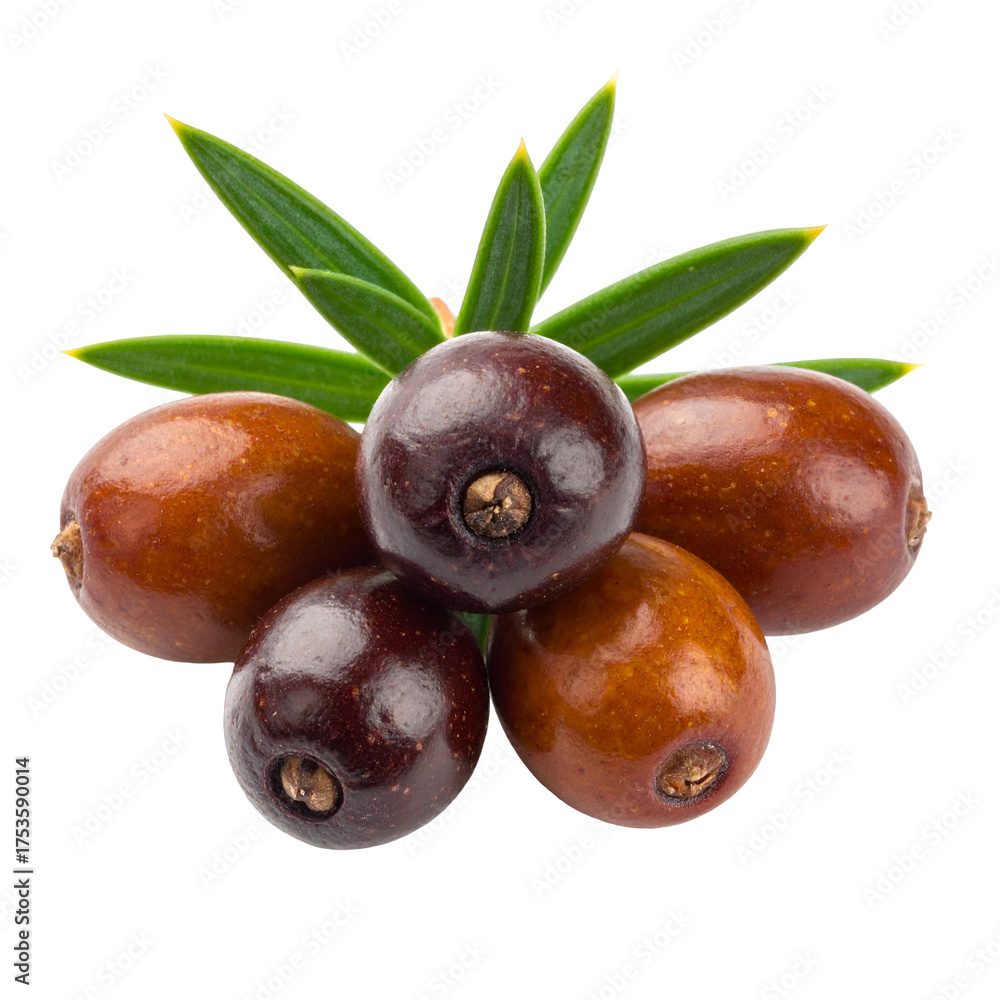 Fototapeta premium Close-up shot of five brown berries with green leaves, arranged on a black background