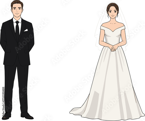 Elegant wedding couple, bride in white gown, groom in black suit, formal attire, romantic ceremony, love, marriage, celebration, fashion, tradition