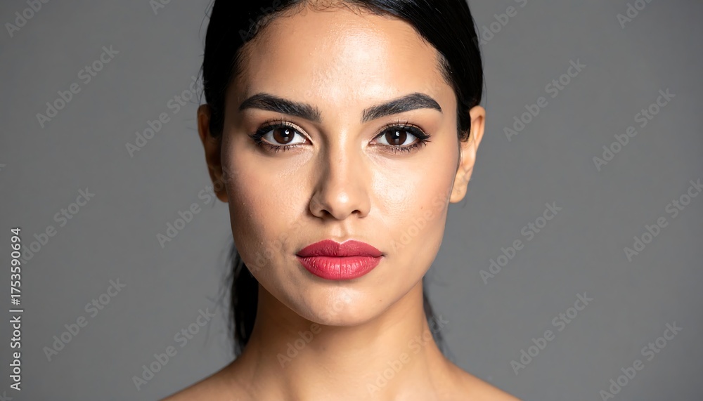 Fototapeta premium A studio headshot of a woman with dark hair pulled back, warm skin, and bright red lipstick. The background is a solid gray