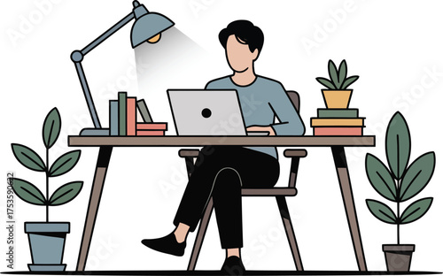 Man working on laptop at desk with lamp and plants home office vector illustration
