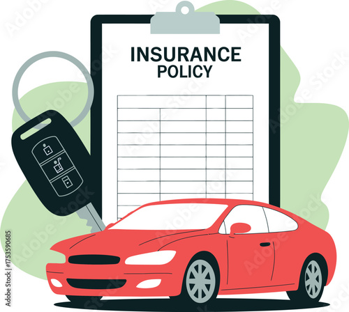 Car insurance policy document with red car and key vector illustration