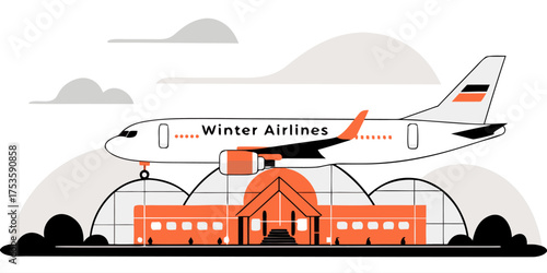 Winter Airlines Flat Vector Illustration: Airplane at Airport Terminal with Clouds