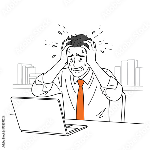 Stressed Businessman in Front of Laptop Computer Feeling Overwhelmed and Anxious About Work Deadlines and Business Problems
