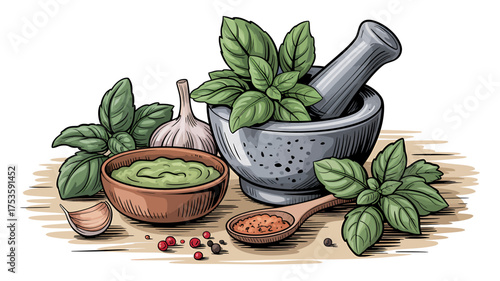 Fresh basil pesto ingredients mortar pestle garlic wooden surface rustic kitchen art
