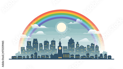 Vibrant city skyline under a full rainbow and moonlit night sky