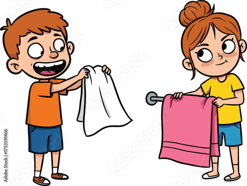 Children handling towels, cartoon hygiene scene, playful responsibility moment, drying and organizing behavior, morning routine illustration, expressive child activity
