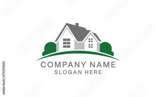 Minimalist real estate logo design featuring a house and greenery business branding
