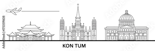 Kontum city skyline black and white line drawing architectural landmarks and monuments