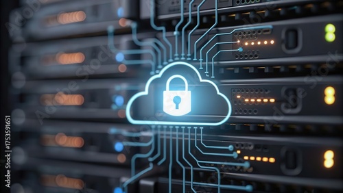 Cloud cybersecurity Digital cloud security concept with a lock symbol integrated into server infrastructure.