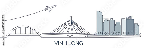 Minimalist line art cityscape with bridges and tall buildings