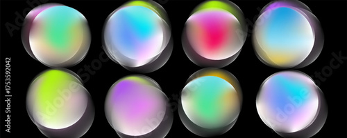 Vector illustration of glowing, blurred, colorful orbs on black background, in a modern abstract neon style, using green, blue, pink, and purple. Trendy look, similar to current vaporwave digital art.