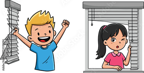 Children interacting with window blinds, cartoon home scene, playful vs focused behavior, emotional contrast illustration, expressive indoor activity moment