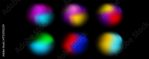 Gradient color round shape background. Abstract rainbow blur circles with graduation. Neon colored bright blending icons. Colorful geometric graphic vector set isolated on black.