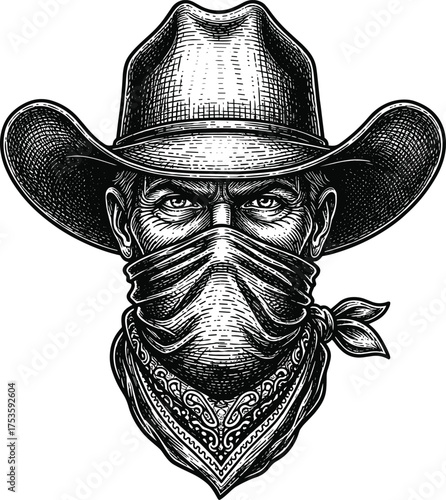 Vintage Engraved Cowboy Face Vector, Black and White Outlaw Portrait with Bandana Mask, Retro Western Head Illustration