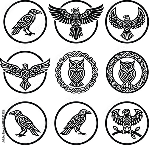 Celtic Knotwork Birds Vector Set, Black and White Raven, Eagle, and Owl Icons, Viking Norse Knot Tattoo Designs