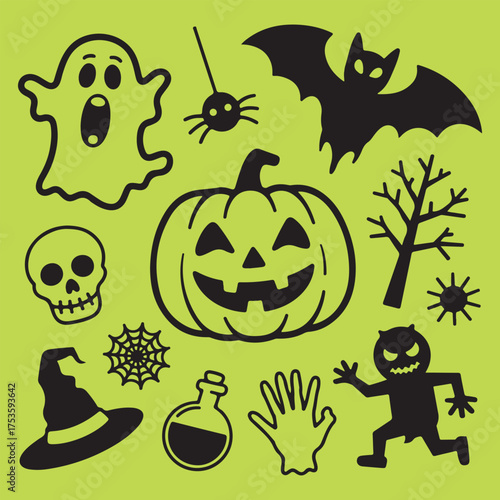 Halloween icons set ghost pumpkin bat skull witch hat spider web potion spooky elements silhouette
