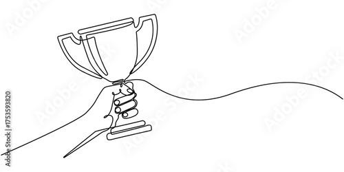 Continuous one line drawing of trophy cup competition, Trophy continuous line drawing. Achievement, celebration and award concept, Hand drawn one line vector, Editable stroke.