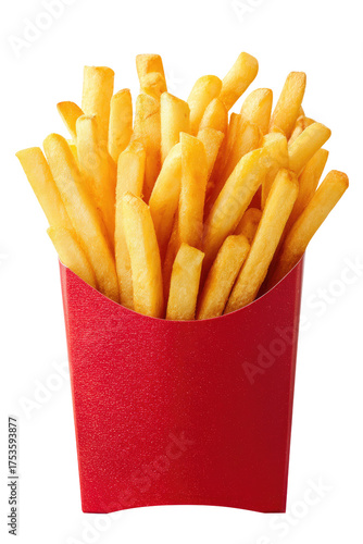 Golden french fries in a red paper container