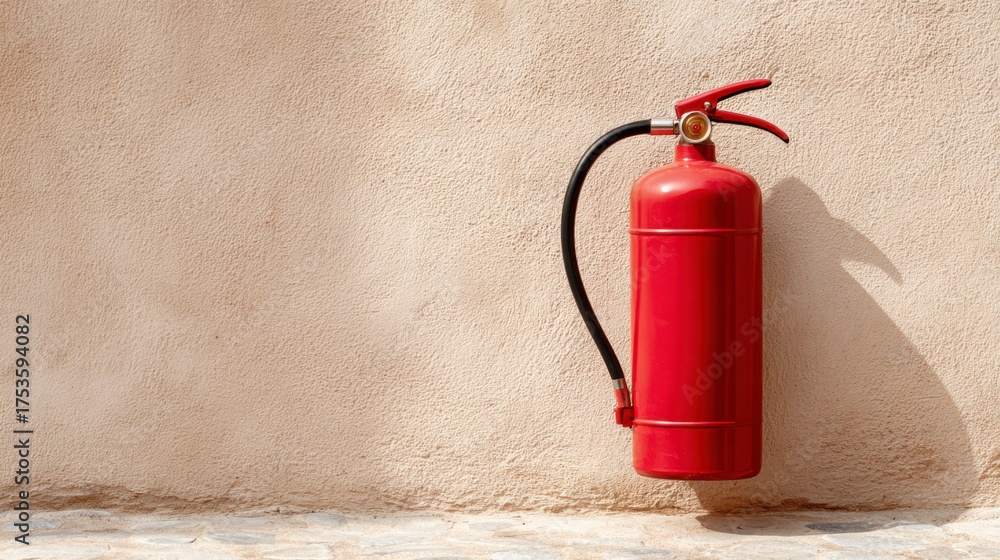 Obraz premium A Red Fire Extinguisher Mounted on a Beige Wall Ready for Emergency Situations, Promoting Safety and Fire Prevention in Various Environments