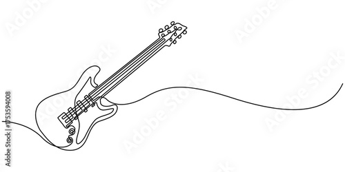 Guitar continuous one line drawing white background and minimalist style music and electric system isolated outline vector illustration, hand-drawn playing Hawaiian string instrument drawing.