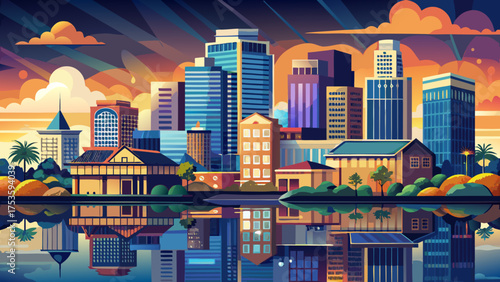 Very beautiful Wilmington, North Carolina, USA downtown city skyline, featuring modern buildings, reflections on the Cape Fear River, and a peaceful evening atmosphere showcasing Southern charm and wa