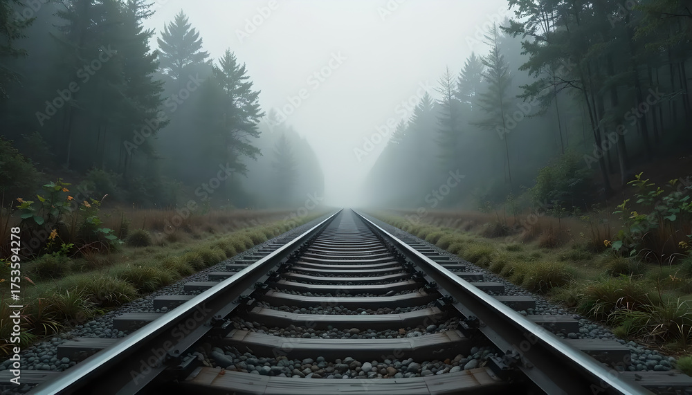 Fototapeta premium Foggy Forest Railway: An Enigmatic Journey