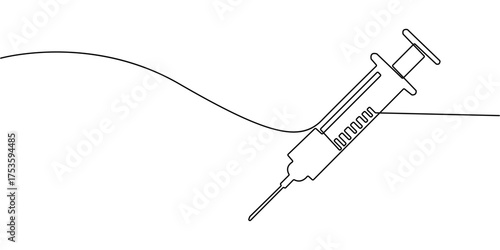 One continuous line drawing of medicine set with syringe and vial, Medical syringe and medicine vial. Pharmaceutical components and vaccine symbol in a simple linear style editable stroke.