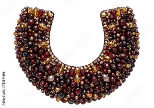 Ornate horseshoeshaped necklace with garnets and pearls, isolated on transparent background